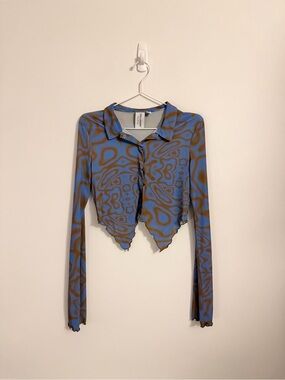 Collusion Blue & Brown Swirl Patterned Long-Sleeve Crop Top